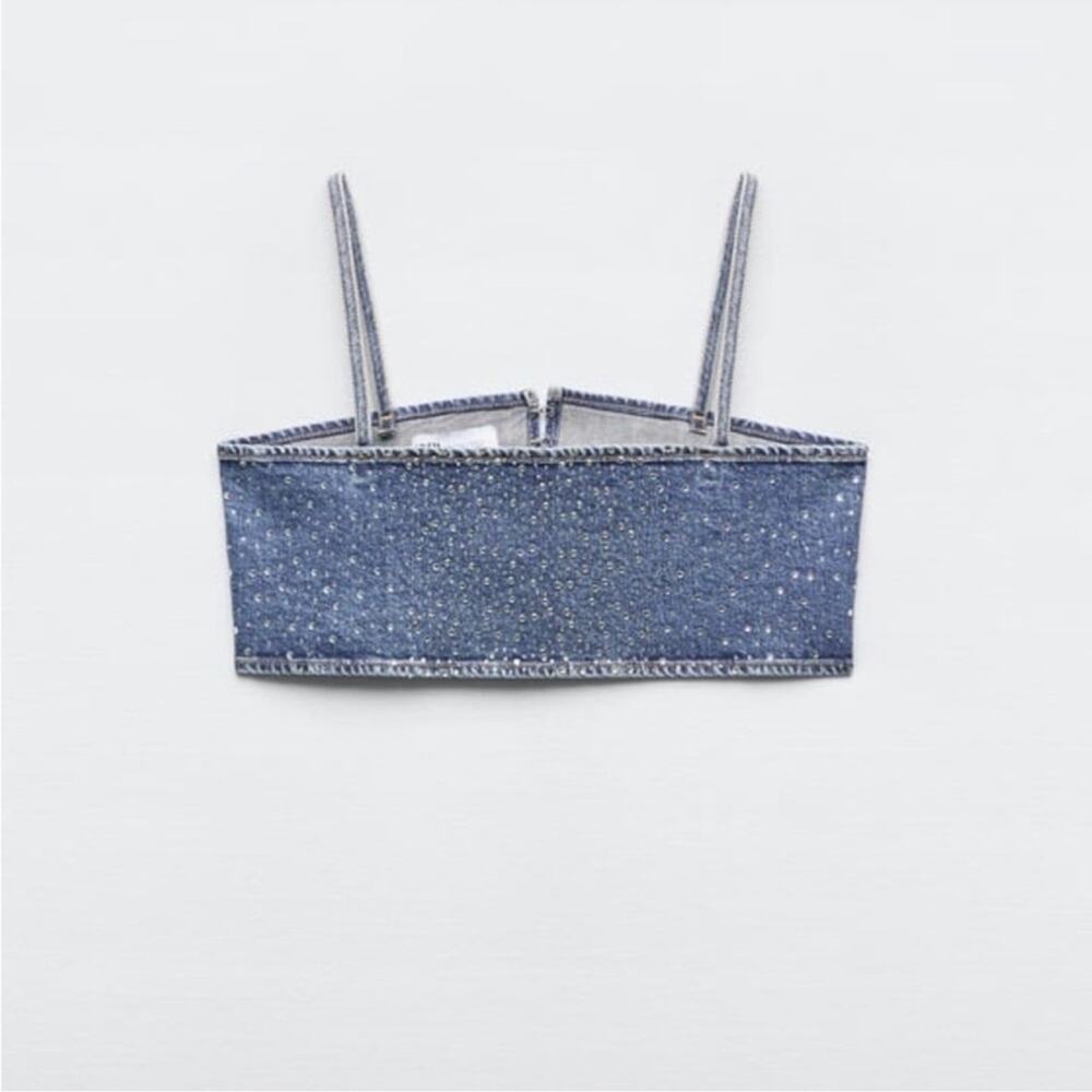Zara Blue Denim Rhinestone Embellished Crop Top